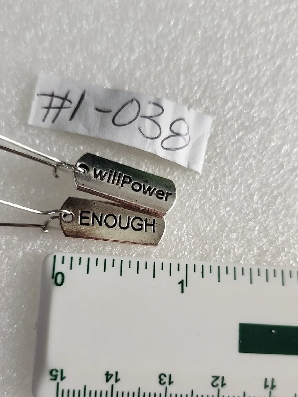 Hand Crafted Silver Tone Inspirational Tag Earrings - willPower & ENOUGH